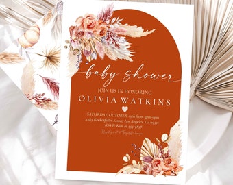 Rust baby shower invitation fall Pampas grass invitation Terracotta Boho baby shower invitation, Fall baby shower invitation Autumn boho