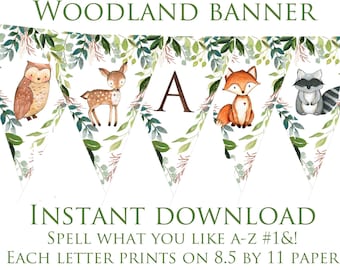 WOODLAND Baby Shower Decorations Banner // Woodland birthday party banner bunting Fox Deer Raccoon It's a boy. Instant Download