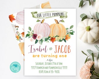 TWINS PUMPKIN INVITATION Little Pumpkin Birthday Party Invitation girl and Boy pumpkin Birthday Invitation Our little pumpkin is turning one