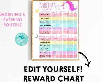 Grafico dei compiti dell'unicorno Grafico modificabile della ricompensa arcobaleno Download istantaneo Unicorno Routine serale mattutina Programma della scuola per ragazze Grafico della scuola arcobaleno