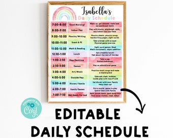 Editable Homeschool schedule Rainbow School Schedule for kids Daily Schedule Editable Printable Chore chart, Daily Planner, Instant download