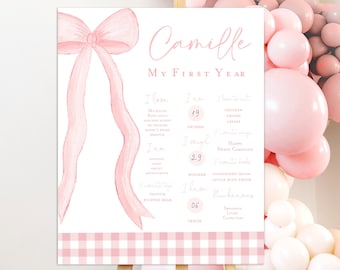 May include: A pink and white gingham background with a pink bow and a white sign that says "Camille My First Year". The sign lists information about the child's first year, including their height, weight, favorite foods, and nicknames.