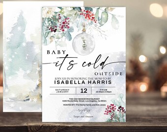 Editable Baby its cold outside Baby Shower Invitation Christmas Winter baby shower invitation, Snow Snowflake Eucalyptus Greenery Red green