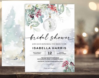Editable WINTER Bridal Shower Invitation,  Greenery Eucalyptus Bridal Shower Invitation, Snow bridal shower Christmas red pine trees