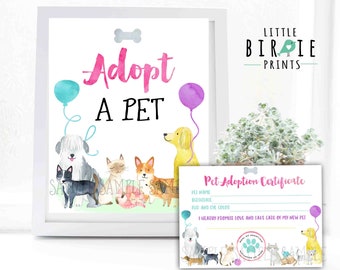 Adoption Certificate Puppy Kitty Party Adopt a pet Sign AND Adoption certificate included, Instant download Printable girl pet party