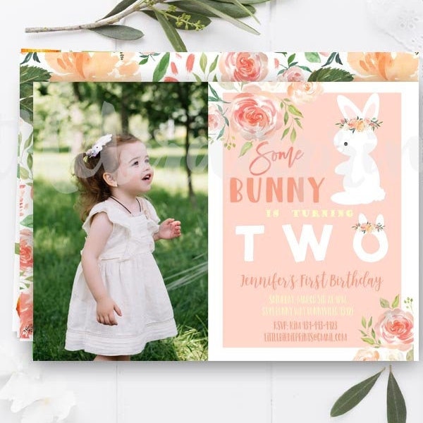 SOME BUNNY is turning two invitation Bunny First birthday Invitation Pink Watercolor flowers - Bunny Instant access with Corjl Print today