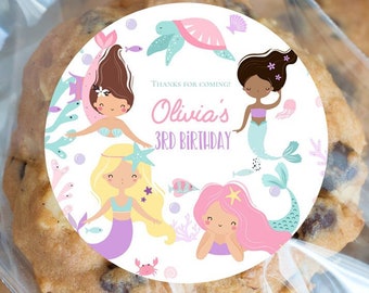 Plantilla de pegatina de etiqueta de favor de fiesta de sirena Etiqueta de regalo de fiesta de cumpleaños de sirena, etiqueta de regalo de Oneder el mar en dos el mar se sumerge en cinco cuartos