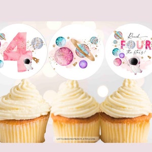 ALCANCE QUATRO as estrelas Cupcake toppers, festa de 4º aniversário do astronauta, festa de menina do espaço sideral, arquivo para impressão de decorações de festa de quarto aniversário