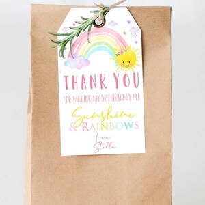 Bearbeitbarer Regenbogen-Sonnenschein-Gastgeschenk-Tag, danke Aufkleber, Regenbogen-Geburtstagsbevorzugungs-Tags Sunshine und Regenbogen-Geburtstagsparty-Vorbeifahrt