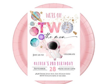 Girl TWO THE MOON 2nd birthday invitation. Pink Astronaut outer space balloons invitation, planets second birthday invitation galaxy