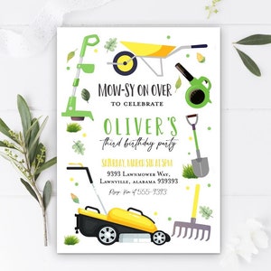 May include: A white invitation with a garden theme. The text reads "Mow-sy on over to celebrate Oliver's third birthday party." The invitation features illustrations of gardening tools like a lawnmower, rake, and shovel.