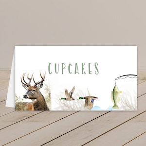 Hunting fishing birthday party buffet cards, Tent cards, Ducks Deer Fish, Outdoors camping forest birthday party, Hunter Fisherman birthday