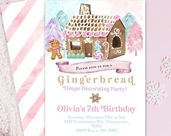 May include: A pink and white gingerbread house party invitation with a watercolor illustration of a gingerbread house, a gingerbread person, and candy canes. The text reads "Please join us for a Gingerbread House Decorating Party! Olivia's 7th Birthday. Saturday, December 19th at 5pm, 9393 Gingerbread Way, Cookietown, 93943. RSVP Kim at 555-9393."