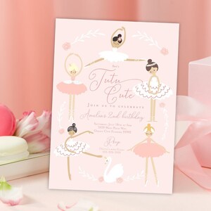 May include: Pink invitation with a white border and a floral design. The invitation says "Tutu Cute" and "Join us to celebrate Amelia's 2nd birthday". There are five ballerina illustrations on the invitation.