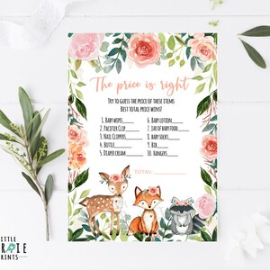 Girl Woodland Baby shower game the price is right Boho woodland baby shower game Watercolor Flowers Instant download game Girl woodland