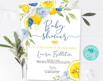 Niebieskie cytrynowe zaproszenie na baby shower Chłopięce cytrynowe główne zaproszenie do wyciskania Cytryna Letnie zaproszenie na baby shower Ślubny brunch Cytrusowo-żółto-niebieski