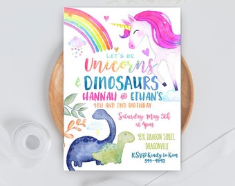 UNICORN Dinosaur Birthday invitation Dinosaur and UNICORN Invitation Unicorn and Dino invitation Dual Siblings Boy Girl party Rainbow