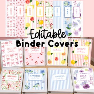 May include: A collection of editable binder covers featuring various watercolour patterns including pink bows, red cherries, citrus fruits, strawberries, blue stripes, and purple flowers. Each cover includes a central label with the text Subject.