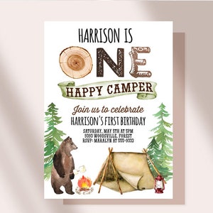 ONE HAPPY CAMPER Invitation Camping birthday invitation Camper birthday invitation Camp first birthday invitation Instant download bear