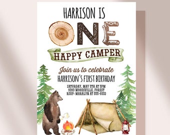 ONE HAPPY CAMPER Invitation Camping birthday invitation Camper birthday invitation Camp first birthday invitation Instant download bear