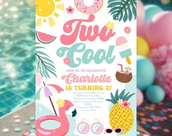 Zwei coole Geburtstagseinladung, Sommer 2. Geburtstag Pool-Party Eis Splash Pad Party, zweiter Geburtstag Mädchen tropische Früchte Wassermelone