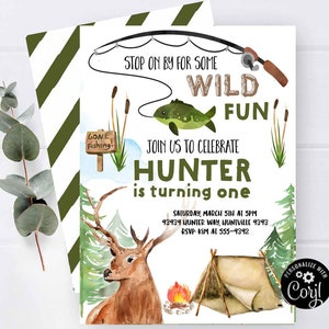 Caça pesca convite de aniversário cervos peixe convite de aniversário aventura ao ar livre acampamento primeiro aniversário qualquer idade convite selvagem