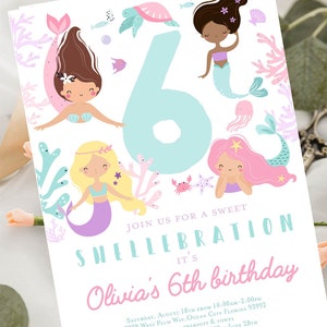 May include: A mermaid-themed birthday invitation with a large blue number six surrounded by four mermaids. The invitation text reads "Join us for a sweet Shellebration It's Olivia's 6th birthday Saturday, August 18th from 10:00am-2:00pm 3939 West Palm Way, Ocean City Florida 93992 Bring a swimsuit & towel RSVP: Carson at 555-9393by June 28th"