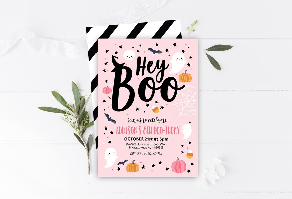 Pink Halloween Birthday Invitation Pink Black Spooktacular Etsy