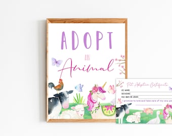 Girl farm adopt a pet sign and adoption certificate, Magical petting zoo Unicorn farm birthday party party favor adoption, thank you, pink