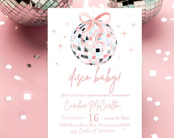 Disco ball baby shower invitation, Mirrorball baby shower invitation disco baby! Girl baby shower music pink bows, Dancing disco baby shower