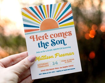 Here comes the Son baby shower invitation, Retro Sunshine baby shower invitation, Boy sun baby shower invitation you are my sunshine 70's