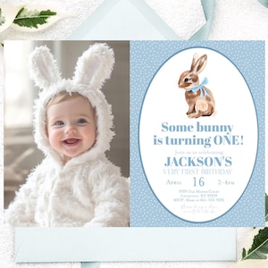Boy Bunny first birthday invitation Blue bunny Rabbit birthday party invitation, Some bunny is turning one 1st Birthday Vintage party invite