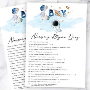 Outer Space Baby shower juego nursery rhyme quiz, Baby Astronaut Planets Space baby shower juego nursery rhyme quiz cards juego moon planets