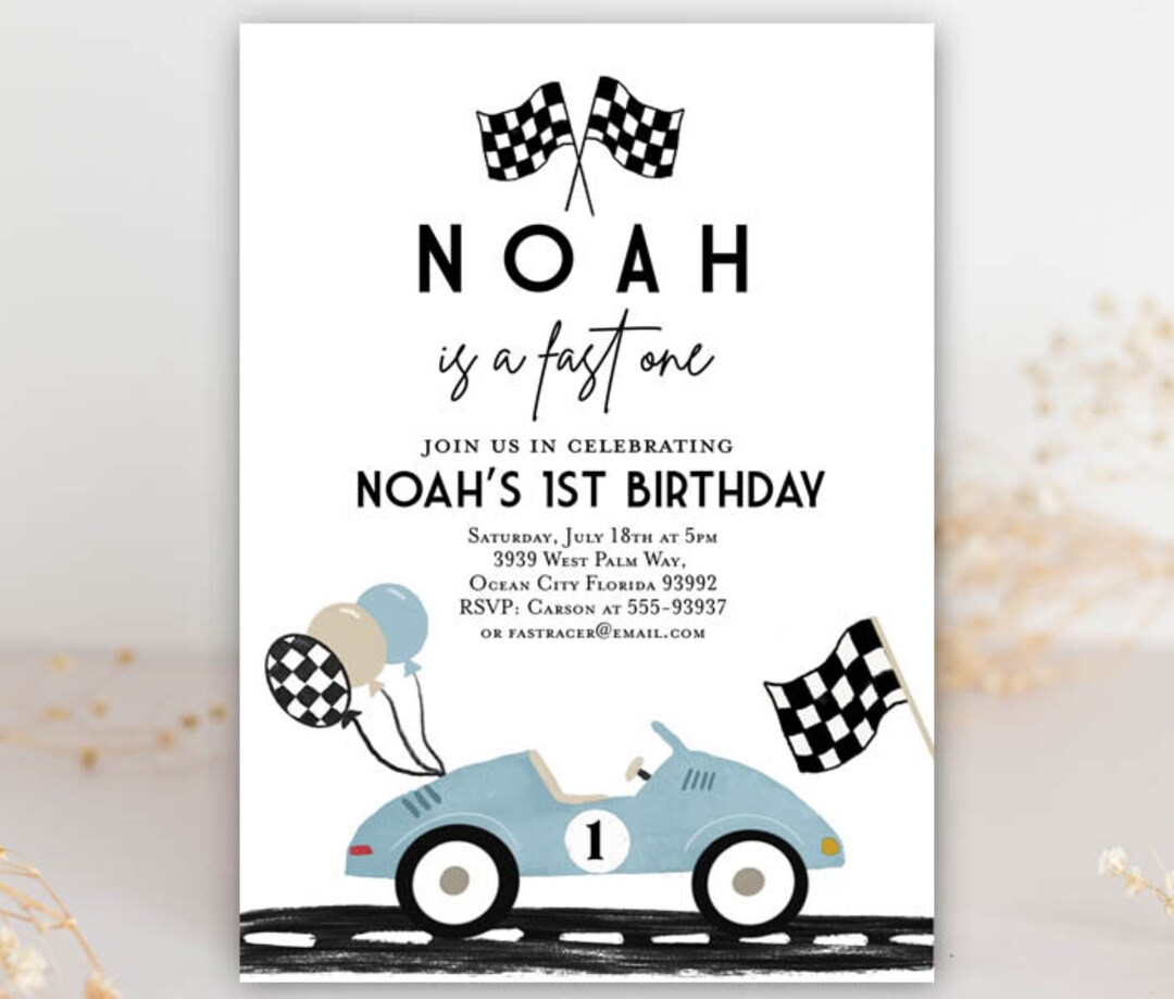 Fast ONE Birthday Invitation Vintage Race Car First Birthday Invitation  Blue, Retro Race Car Fast One 1st Birthday Party Invitation - Etsy, image size:1080x919