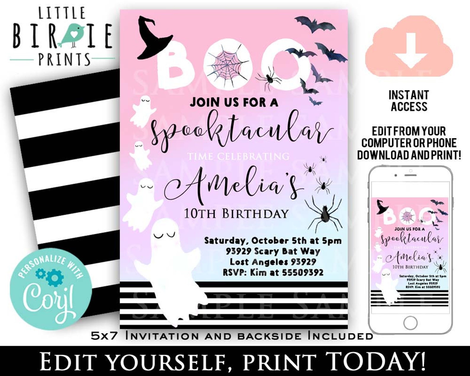 Pink Halloween Birthday Invitation Pink Pastel Purple Etsy