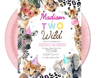 Editable Party Animals Birthday Invitation TWO WILD 2nd birthday invitation Jungle Safari birthday Leopard Zoo birthday invitation pink girl