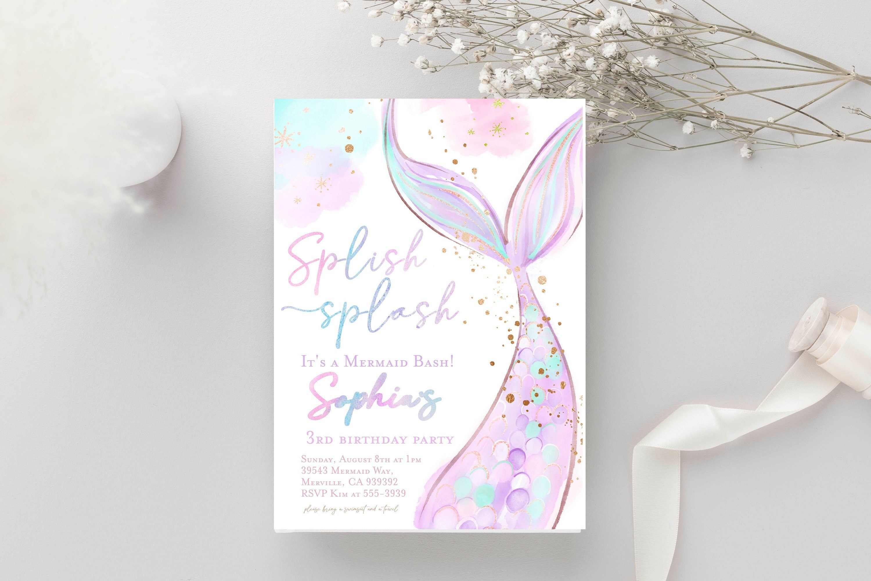 Mermaid birthday invitation pastel mermaid under the sea invitation Editable mermaid invitation purple pink blue minimalist