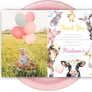 Carte de remerciement d'anniversaire à la ferme, carte de remerciement de ferme rose fille, fête du premier anniversaire de premier anniversaire vache cheval lapin mouton cochon modifiable avec photo