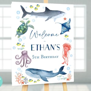 海中の誕生日パーティーのウェルカムサイン、海中のパーティーの飾り付け、サメパーティー、クジラ、カメ、タコ、海の動物の誕生日の印刷物