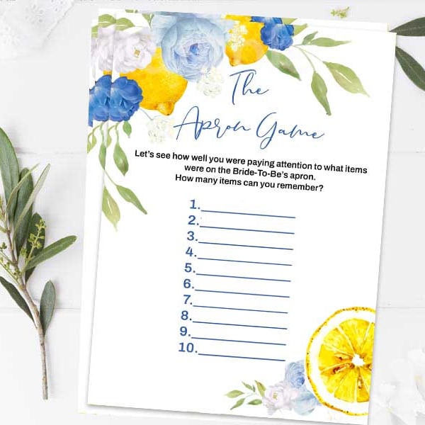 Main squeeze lemon bridal shower game the Apron Game Blue lemons summer spring shower, Bridal shower game guessing game printable instant