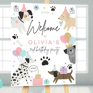 Puppy birthday welcome sign, Girl Puppy pawty welcome sign puppy dog birthday party decorations pink puppies printable instant download
