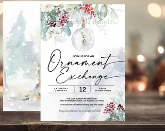 ORNAMENT EXCHANGE PARTY invitation, ornament swap steal invitation, Christmas holiday party invitation jingle mingle, greenry red green