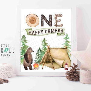 One Happy Camper First Birthday Decorations sign Lumberjack Camping Hunting Fishing birthday party favor lumberjack One happy camper