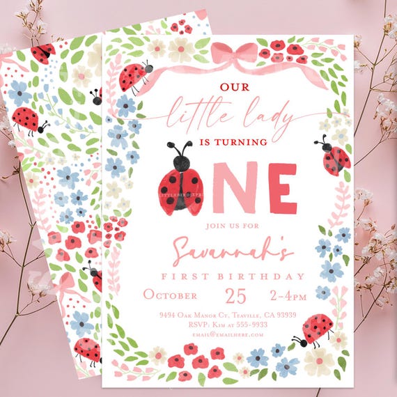 Ladybug first birthday party invitation, little lady is turning one, Spring bugs 1st birthday party pink bows wildflowers invitation
