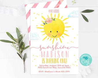 Editable SUNSHINE Invitation Sunshine birthday invitation Sunshine first birthday invitation girl pink You are my sunshine birthday party