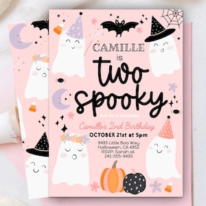 TWO SPOOKY Halloween Pink Ghost 2nd Birthday Party Invitation Editable, Ghost Second Birthday Spooktacular 2nd Birthday Instant download