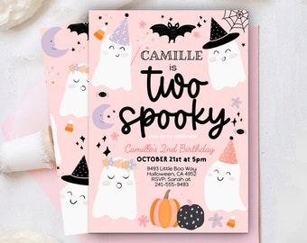TWO SPOOKY Halloween Pink Ghost 2nd Birthday Party Invitation Editable, Ghost Second Birthday Spooktacular 2nd Birthday Instant download