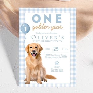 One golden year birthday invitation, Puppy Golden Retriever first birthday party pawty, Puppy dog 1st birthday party invite printable