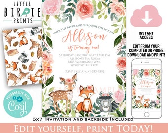 May include: Editable 5x7 inch invitation for a first birthday party with a woodland theme. The invitation features a pink and green floral design with a deer, fox, and raccoon. The text on the invitation reads "Over the river and through the woods, Allison is turning one!" and includes the date, time, and location of the party. The invitation also includes a download and print option.