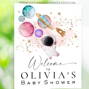 Editable Pink Space baby shower welcome sign Astronaut Planets pink baby shower Download Printable Template outer space sign decorations
